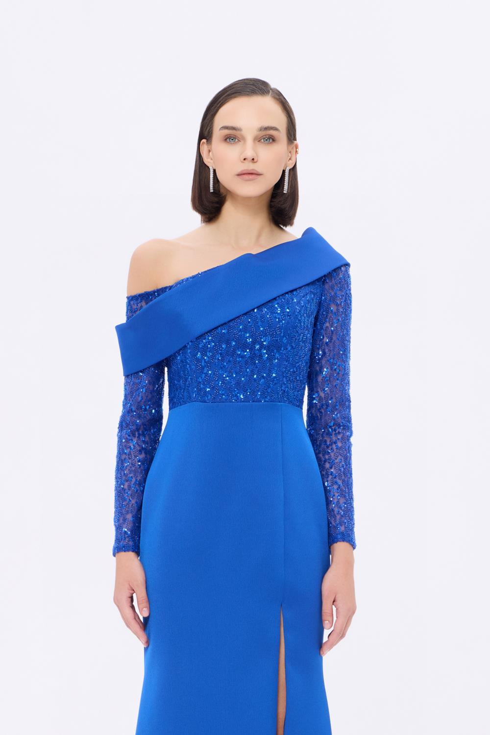 İşleme Detaylı Asimetrik Yaka Uzun Abiye Elbise - 9342AC