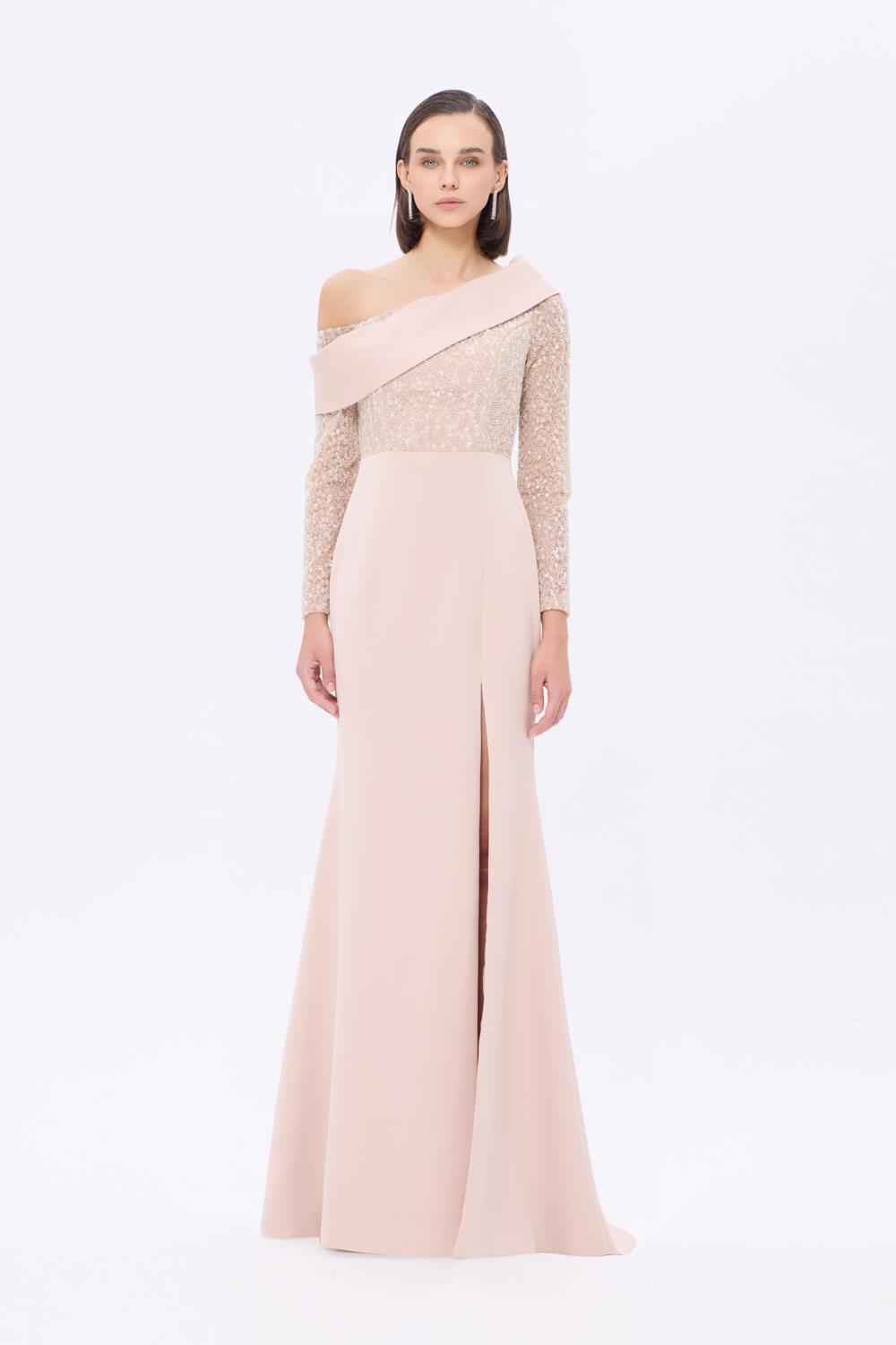 İşleme Detaylı Asimetrik Yaka Uzun Abiye Elbise - 9342AC