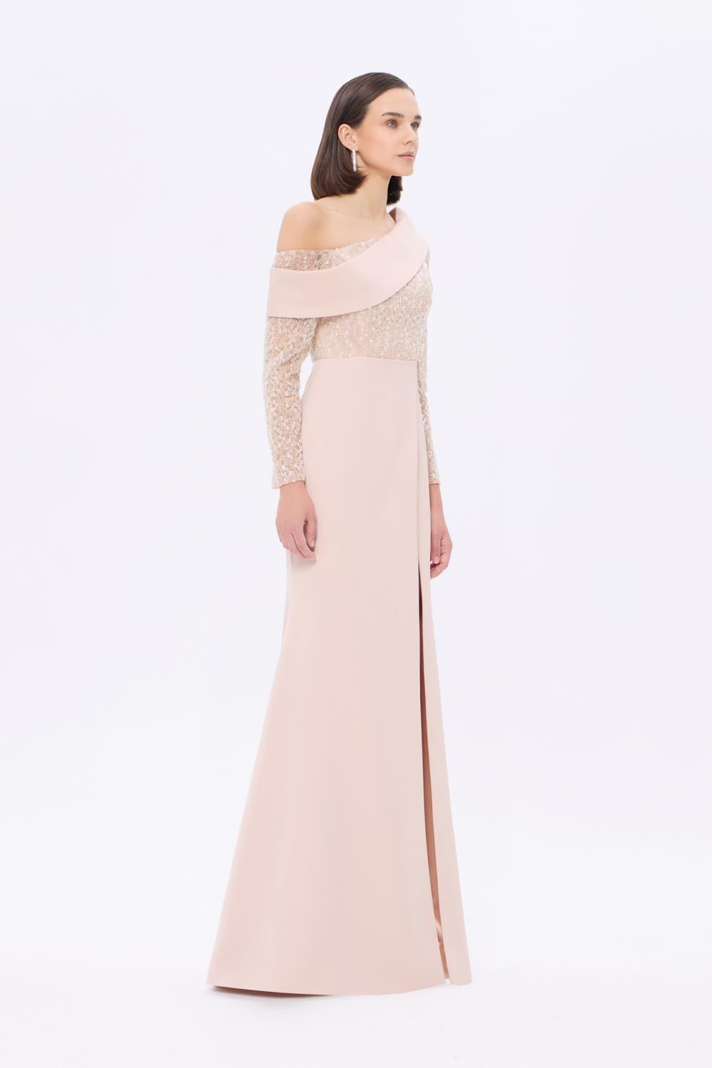 İşleme Detaylı Asimetrik Yaka Uzun Abiye Elbise - 9342AC