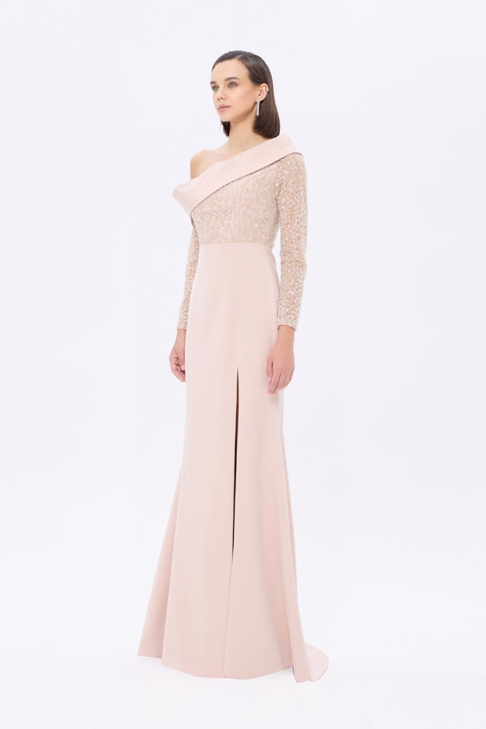 İşleme Detaylı Asimetrik Yaka Uzun Abiye Elbise - 9342AC