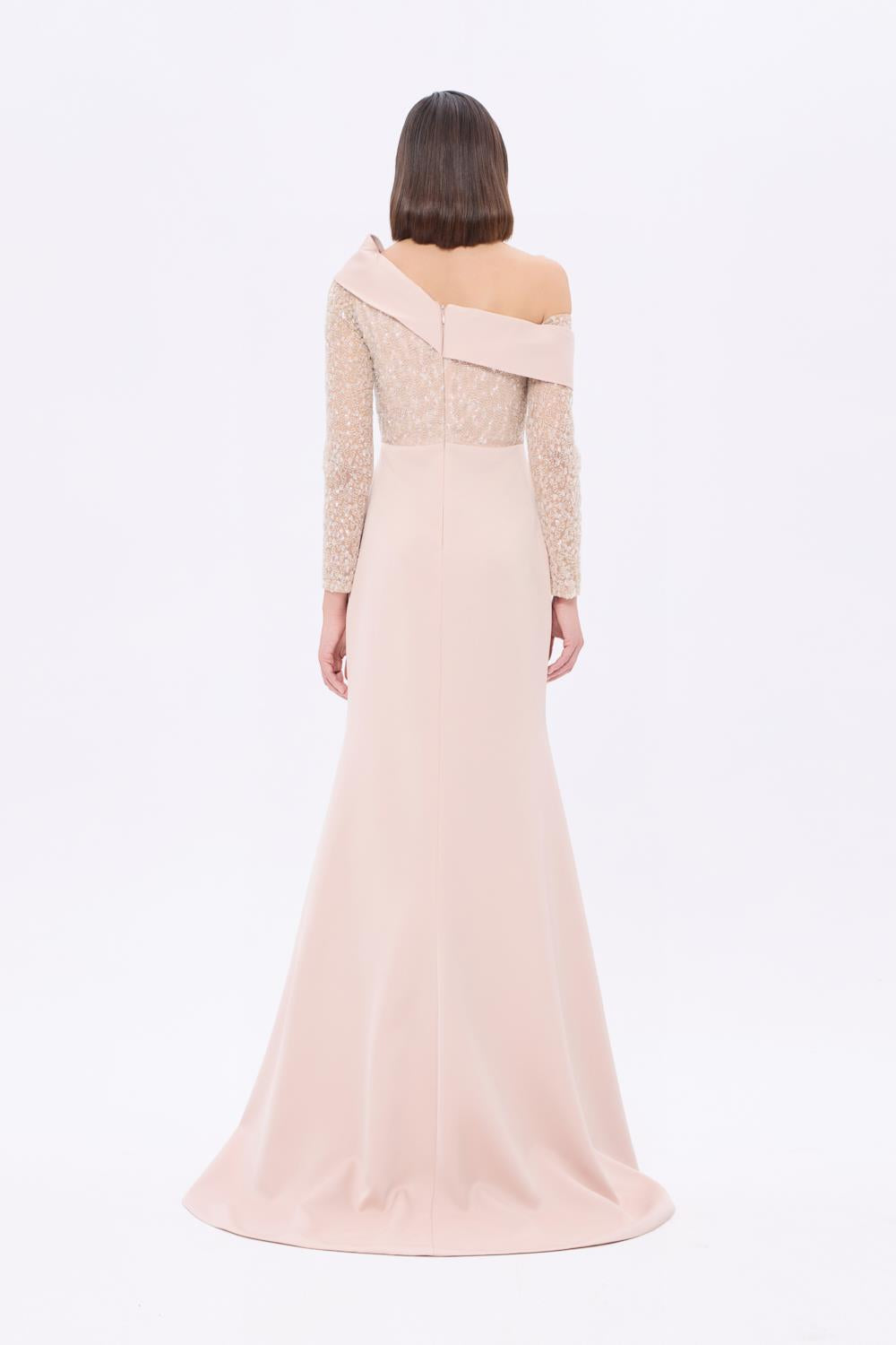 İşleme Detaylı Asimetrik Yaka Uzun Abiye Elbise - 9342AC