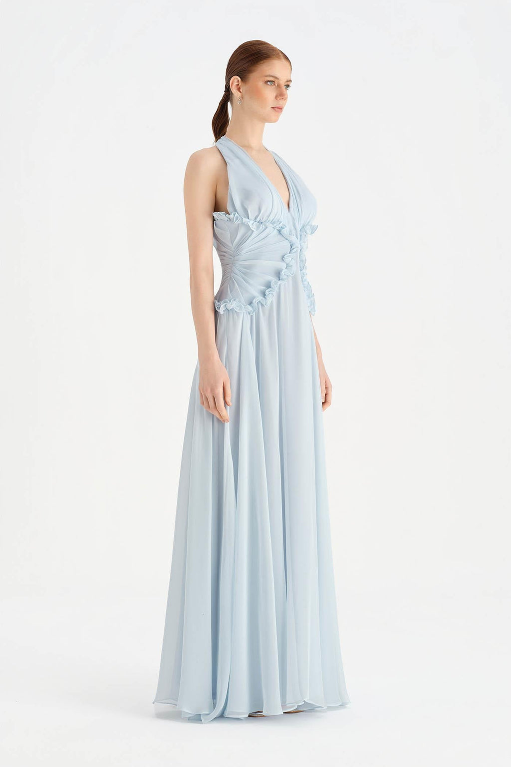 Chiffon Halter Neck Evening Dress with Waist Detail - 26151C