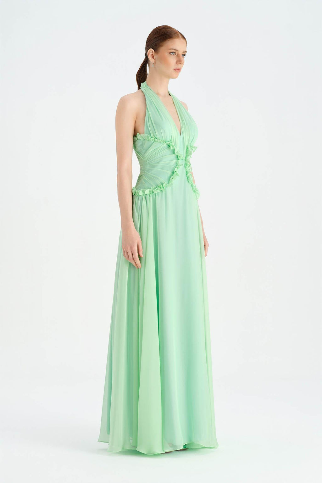 Chiffon Halter Neck Evening Dress with Waist Detail - 26151C