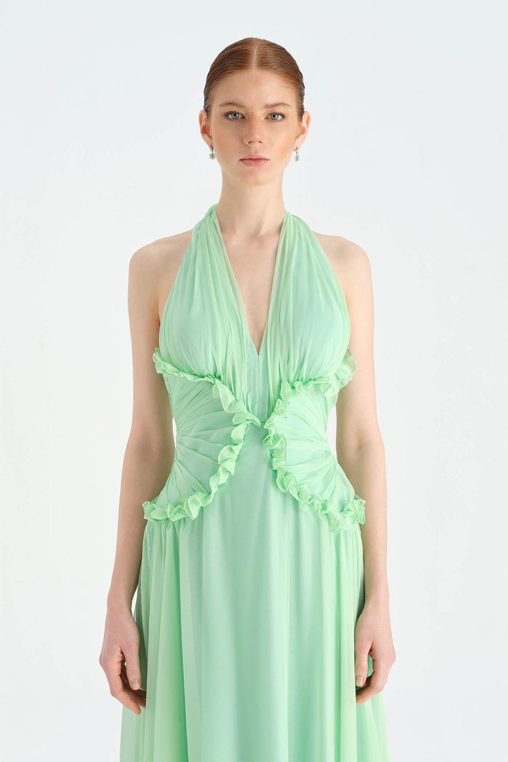 Chiffon Halter Neck Evening Dress with Waist Detail - 26151C