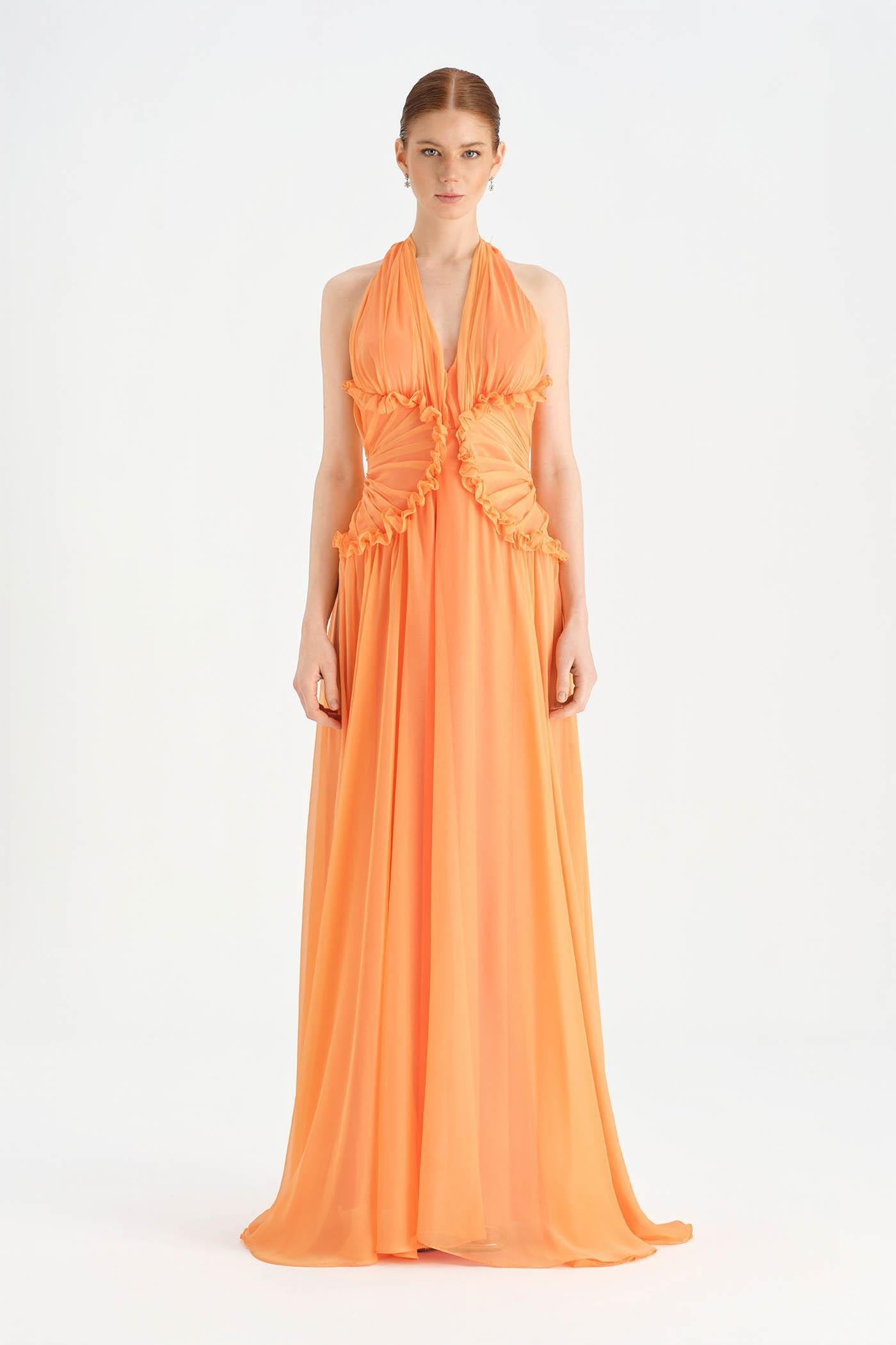 Chiffon Halter Neck Evening Dress with Waist Detail - 26151C