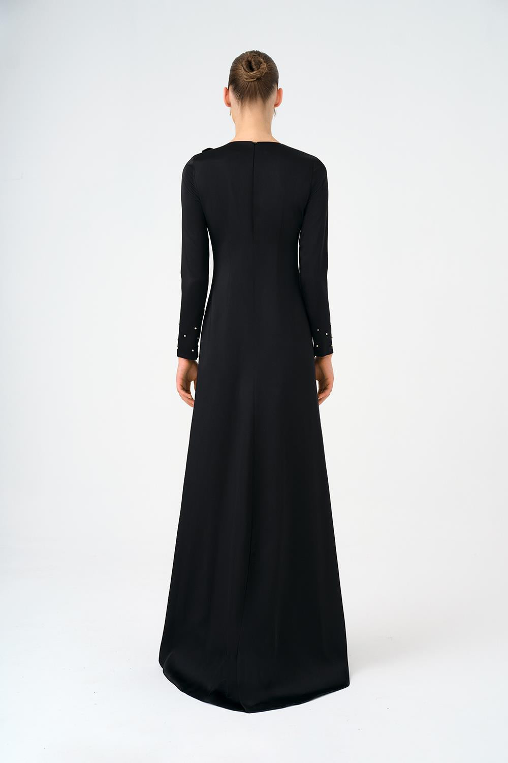 Çiçek Detaylı Dar Kesim Saten Uzun Abiye Elbise - 9079C