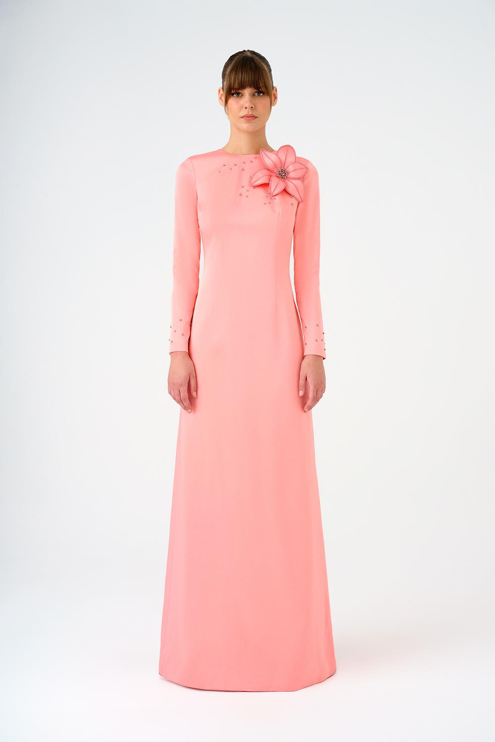 Çiçek Detaylı Dar Kesim Saten Uzun Abiye Elbise - 9079C