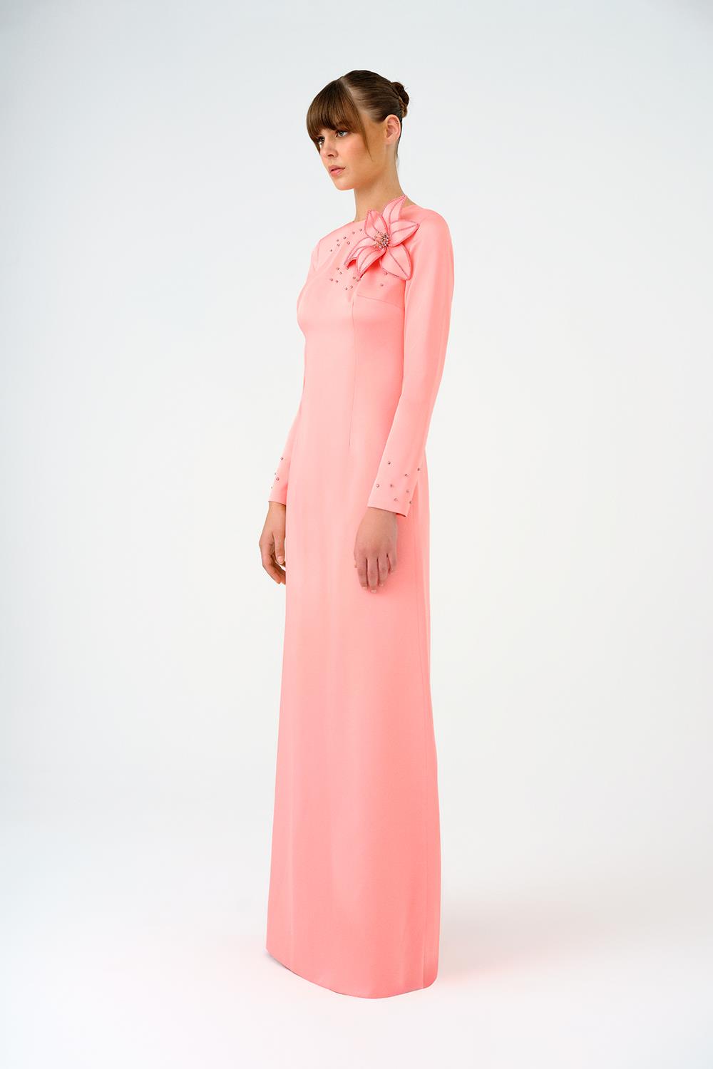 Çiçek Detaylı Dar Kesim Saten Uzun Abiye Elbise - 9079C