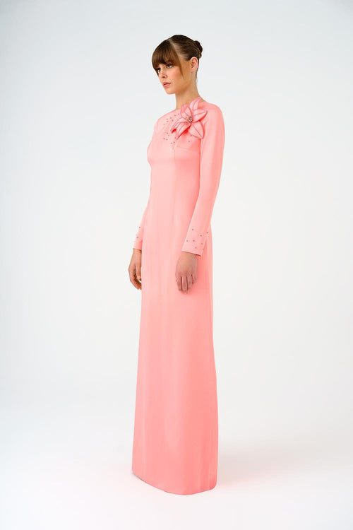 Çiçek Detaylı Dar Kesim Saten Uzun Abiye Elbise - 9079C