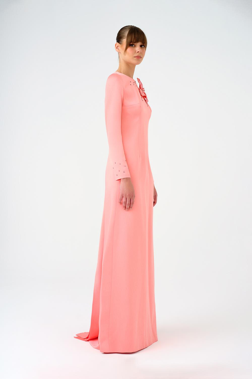 Çiçek Detaylı Dar Kesim Saten Uzun Abiye Elbise - 9079C