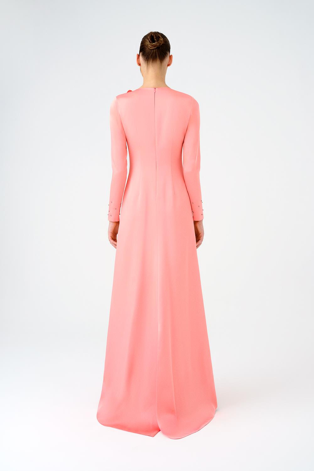 Çiçek Detaylı Dar Kesim Saten Uzun Abiye Elbise - 9079C