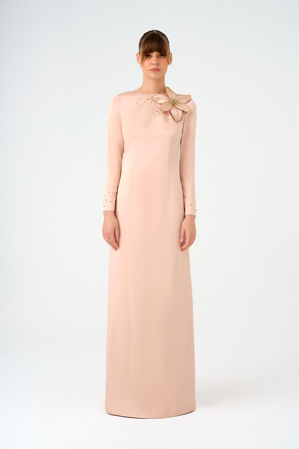 Çiçek Detaylı Dar Kesim Saten Uzun Abiye Elbise - 9079C