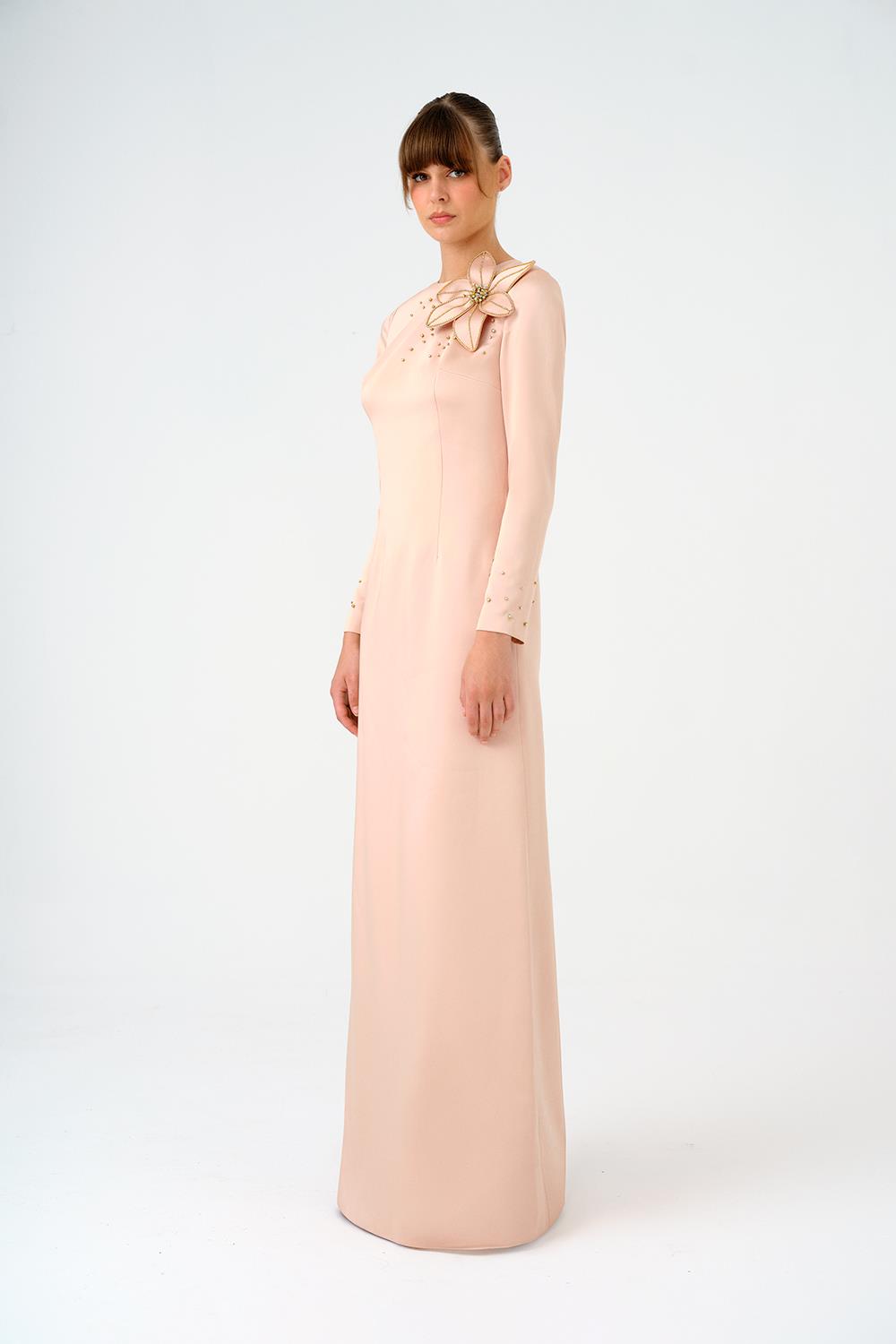 Çiçek Detaylı Dar Kesim Saten Uzun Abiye Elbise - 9079C