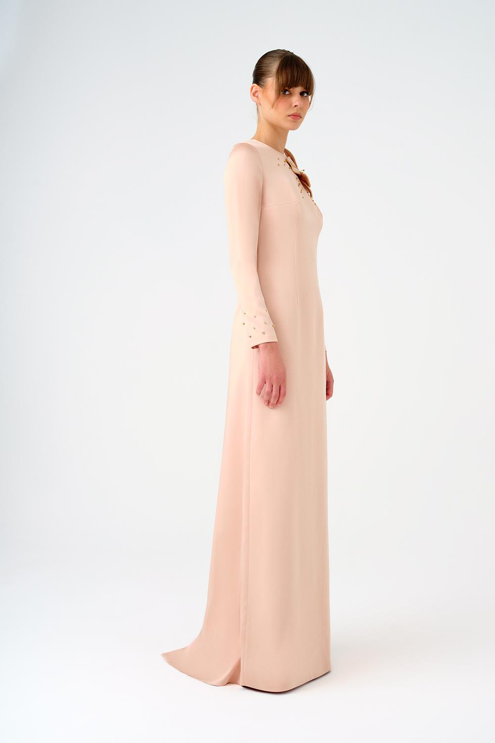 Çiçek Detaylı Dar Kesim Saten Uzun Abiye Elbise - 9079C