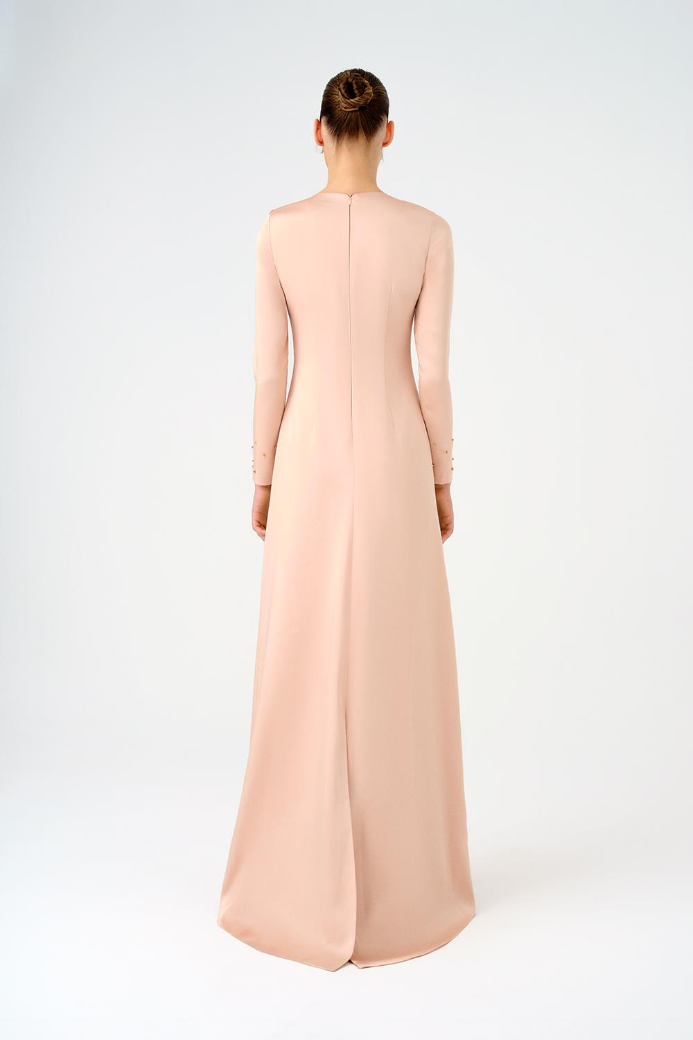 Çiçek Detaylı Dar Kesim Saten Uzun Abiye Elbise - 9079C