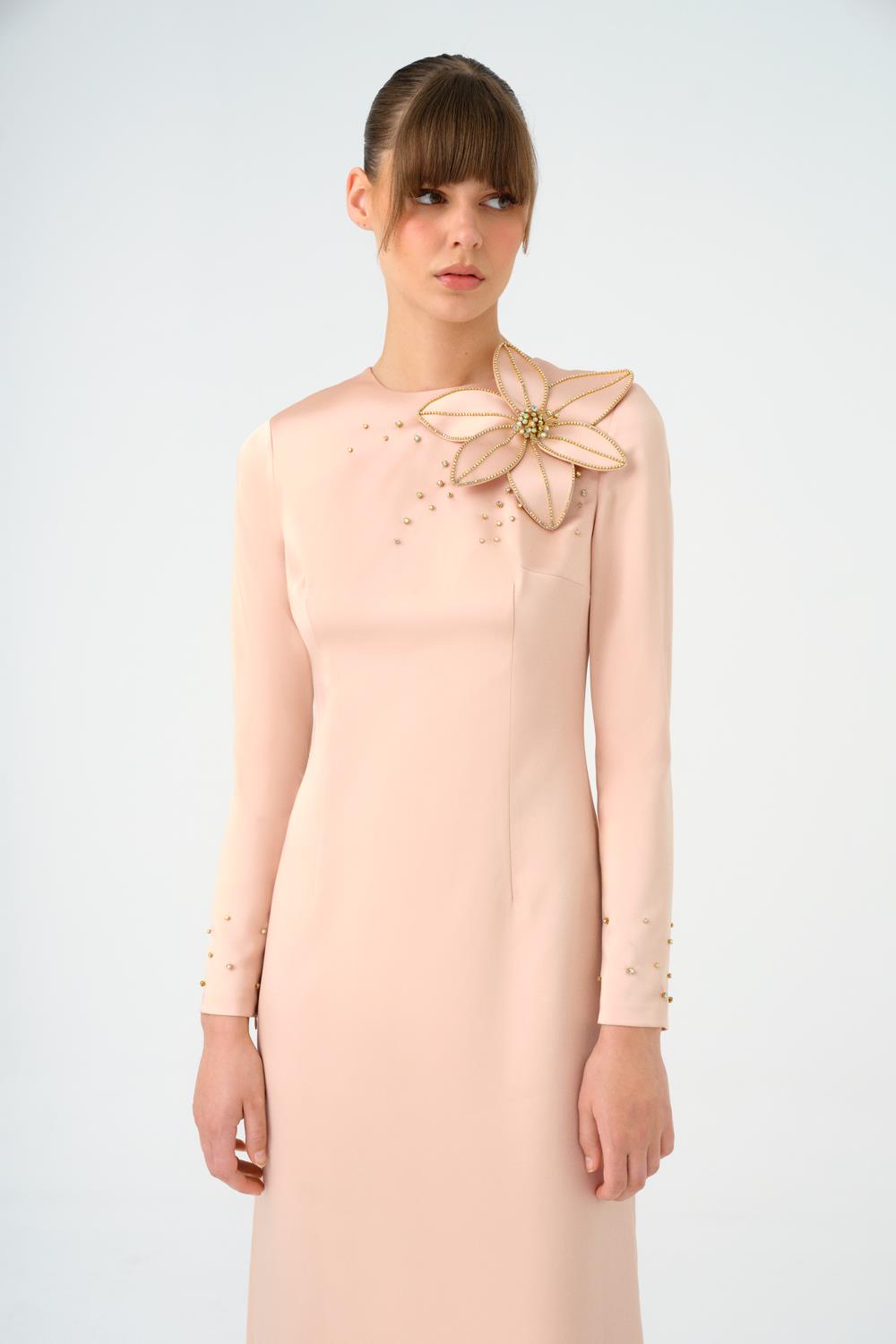 Çiçek Detaylı Dar Kesim Saten Uzun Abiye Elbise - 9079C