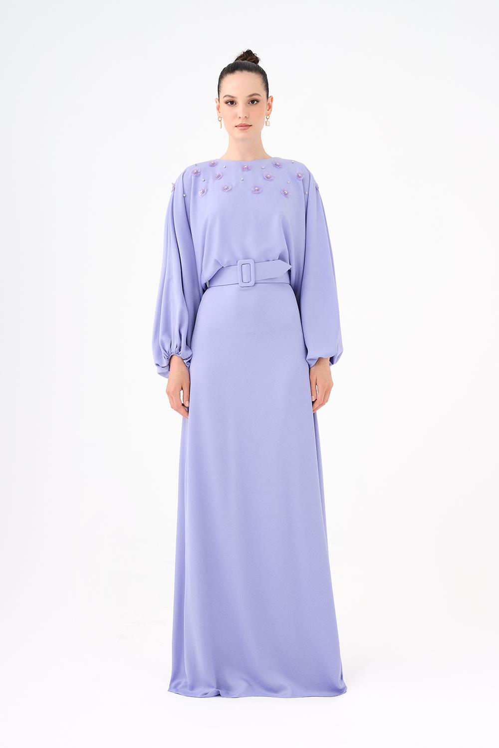 Çiçek İşlemeli Kemerli Saten Uzun Abiye Elbise - 9075C