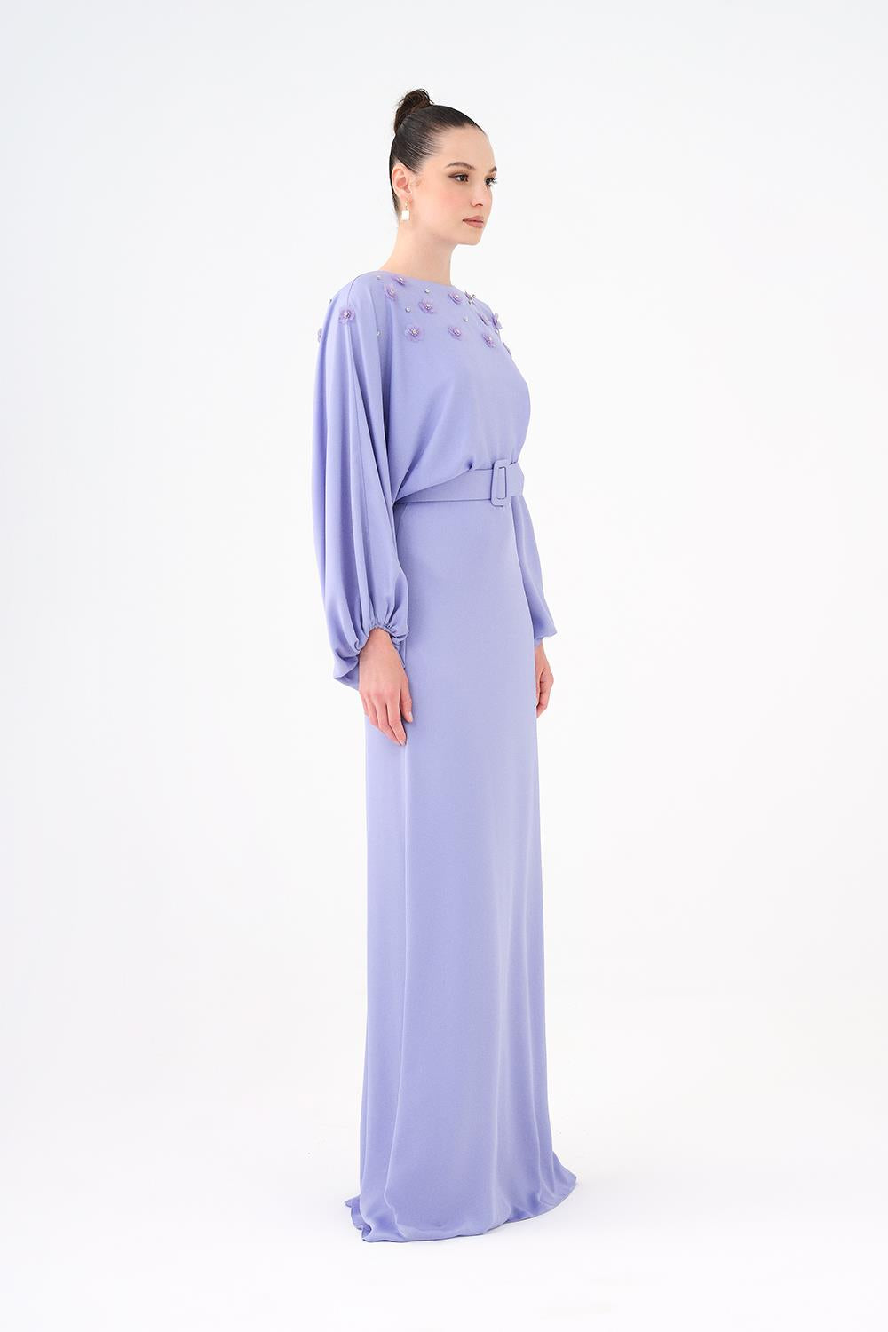 Çiçek İşlemeli Kemerli Saten Uzun Abiye Elbise - 9075C