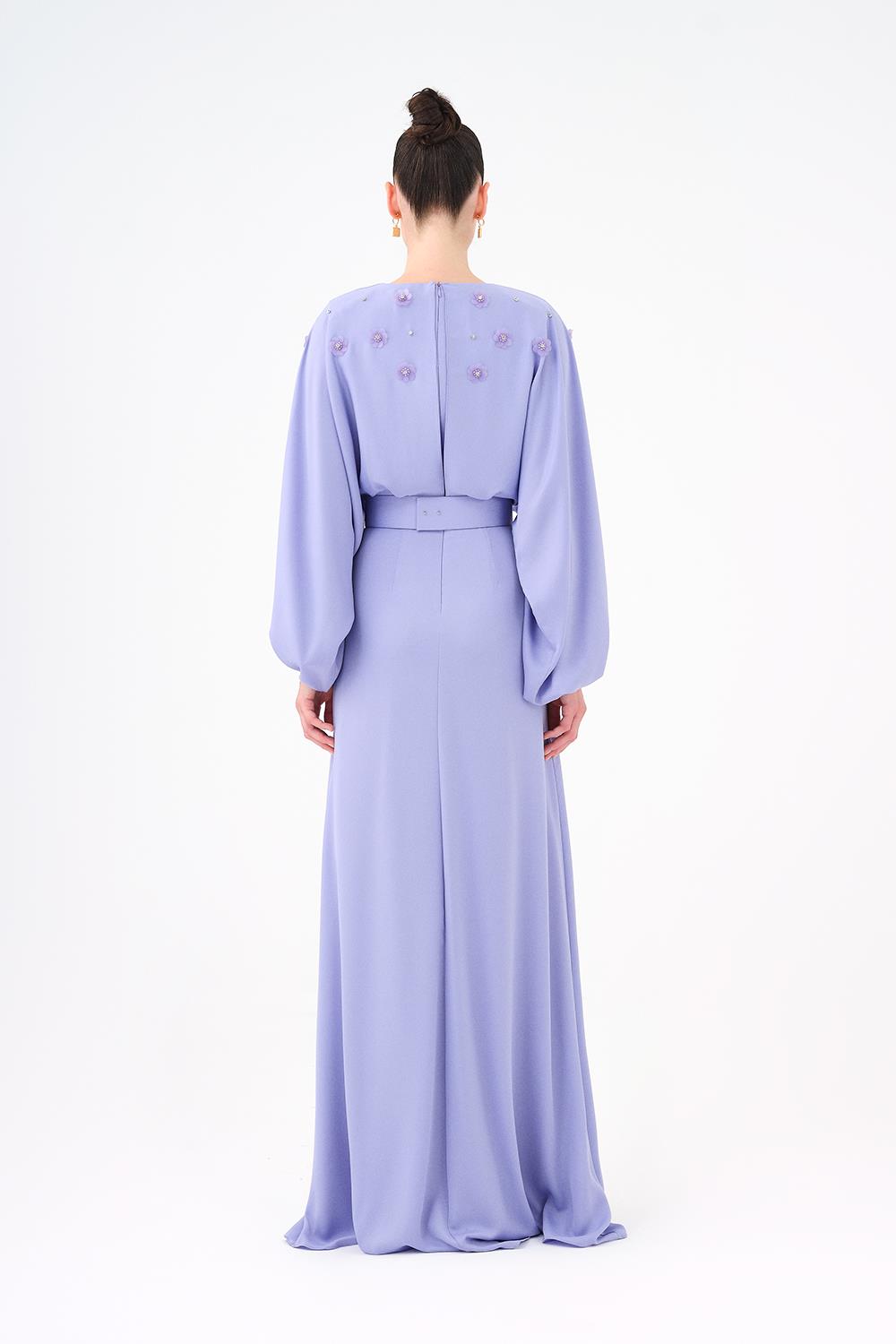 Çiçek İşlemeli Kemerli Saten Uzun Abiye Elbise - 9075C