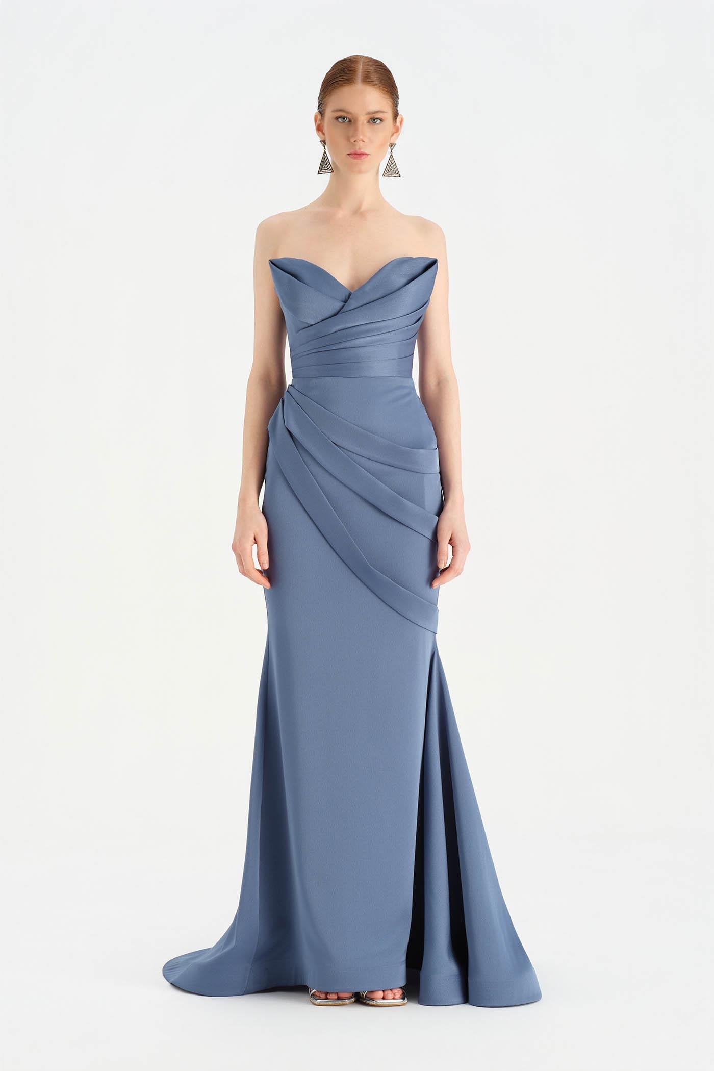 Criss-Cross Draped Evening Dress with Layered Bust - 26021C