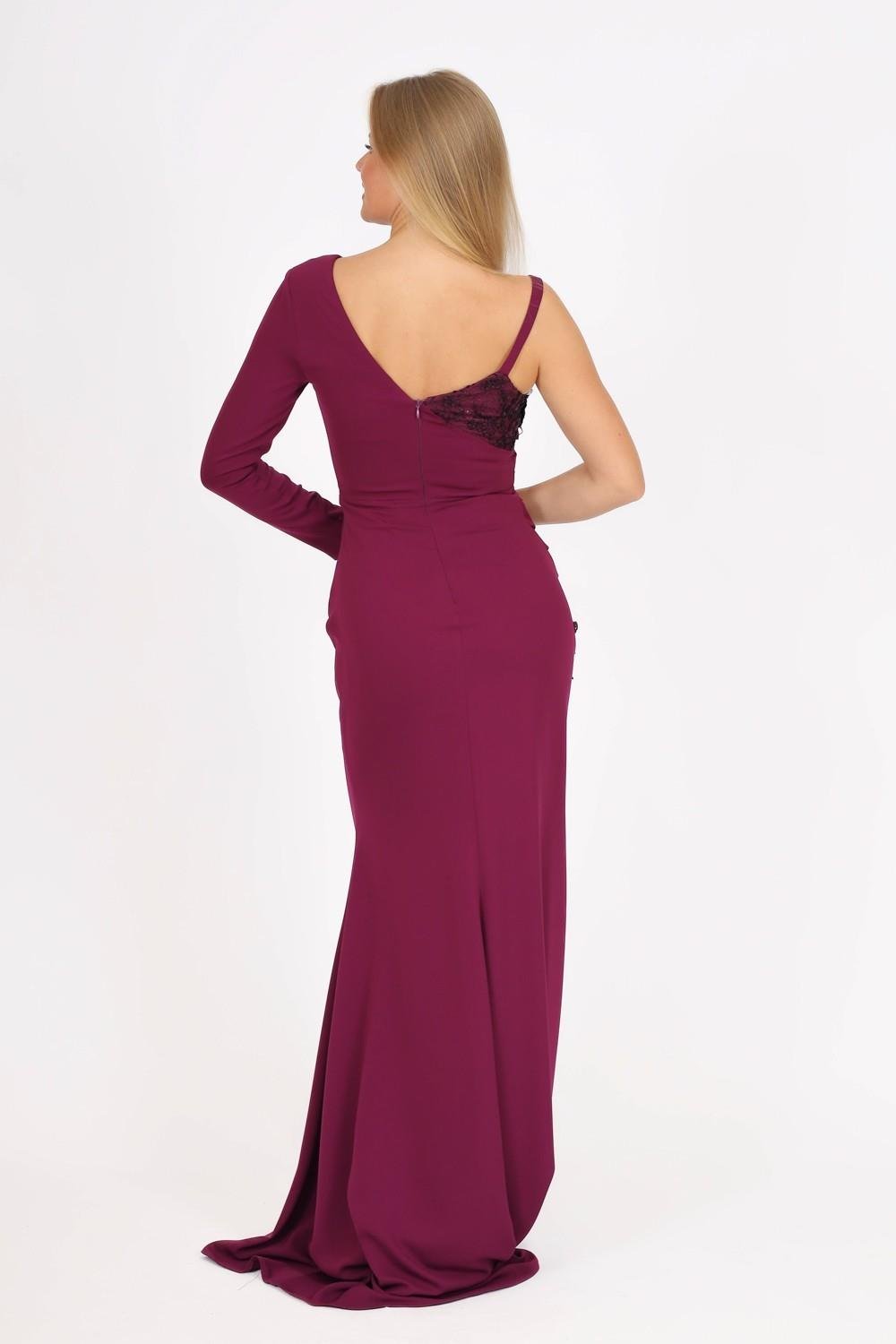 Dantelli Tek Kol Uzun Abiye Elbise - 4052C