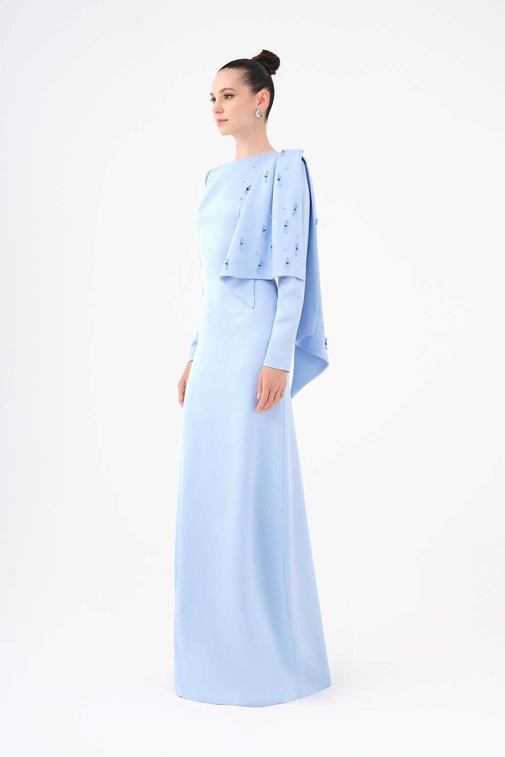 Dar Kesim Taş İşlemeli Krep Uzun Abiye Elbise - 9087C