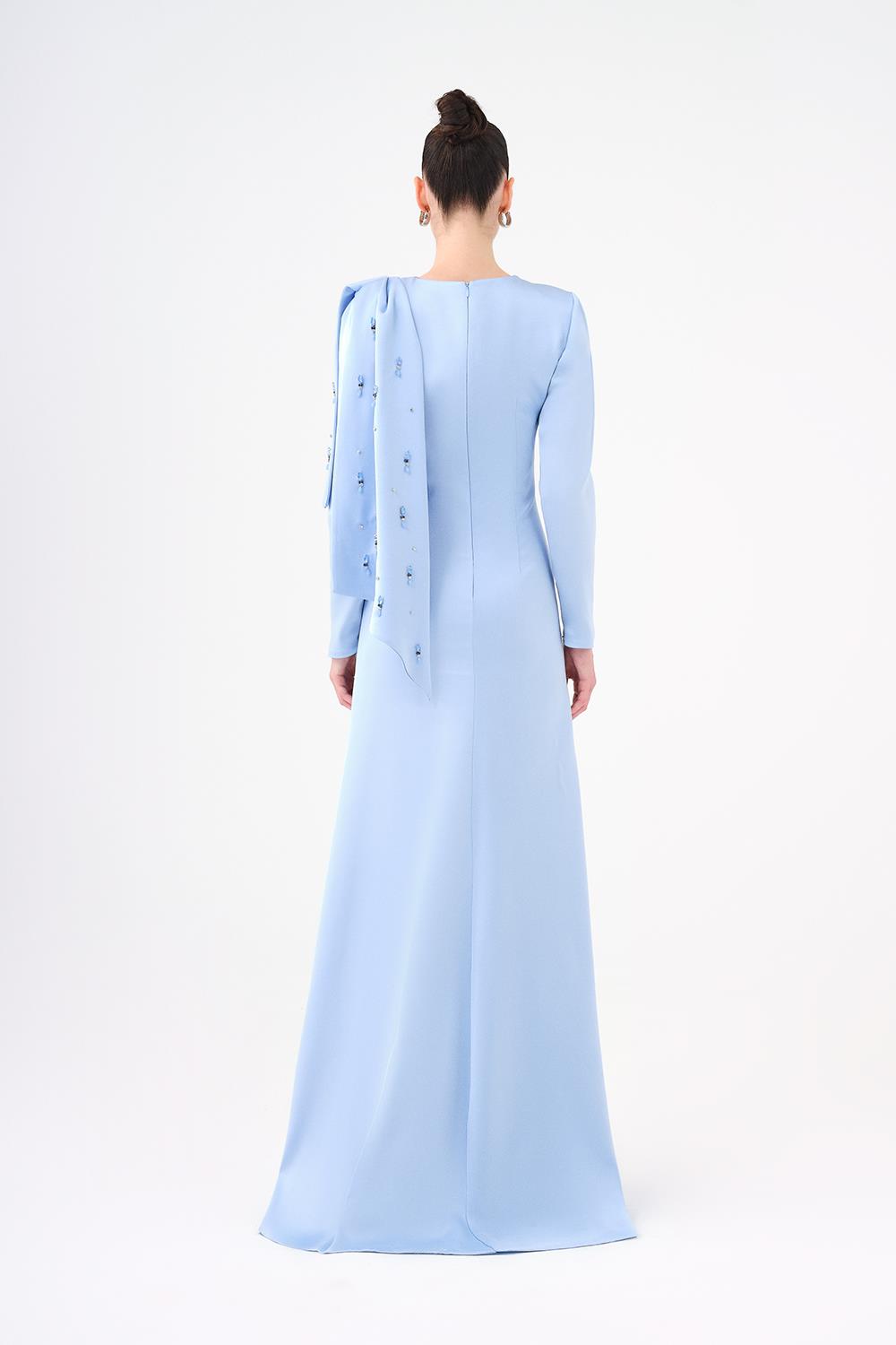 Dar Kesim Taş İşlemeli Krep Uzun Abiye Elbise - 9087C