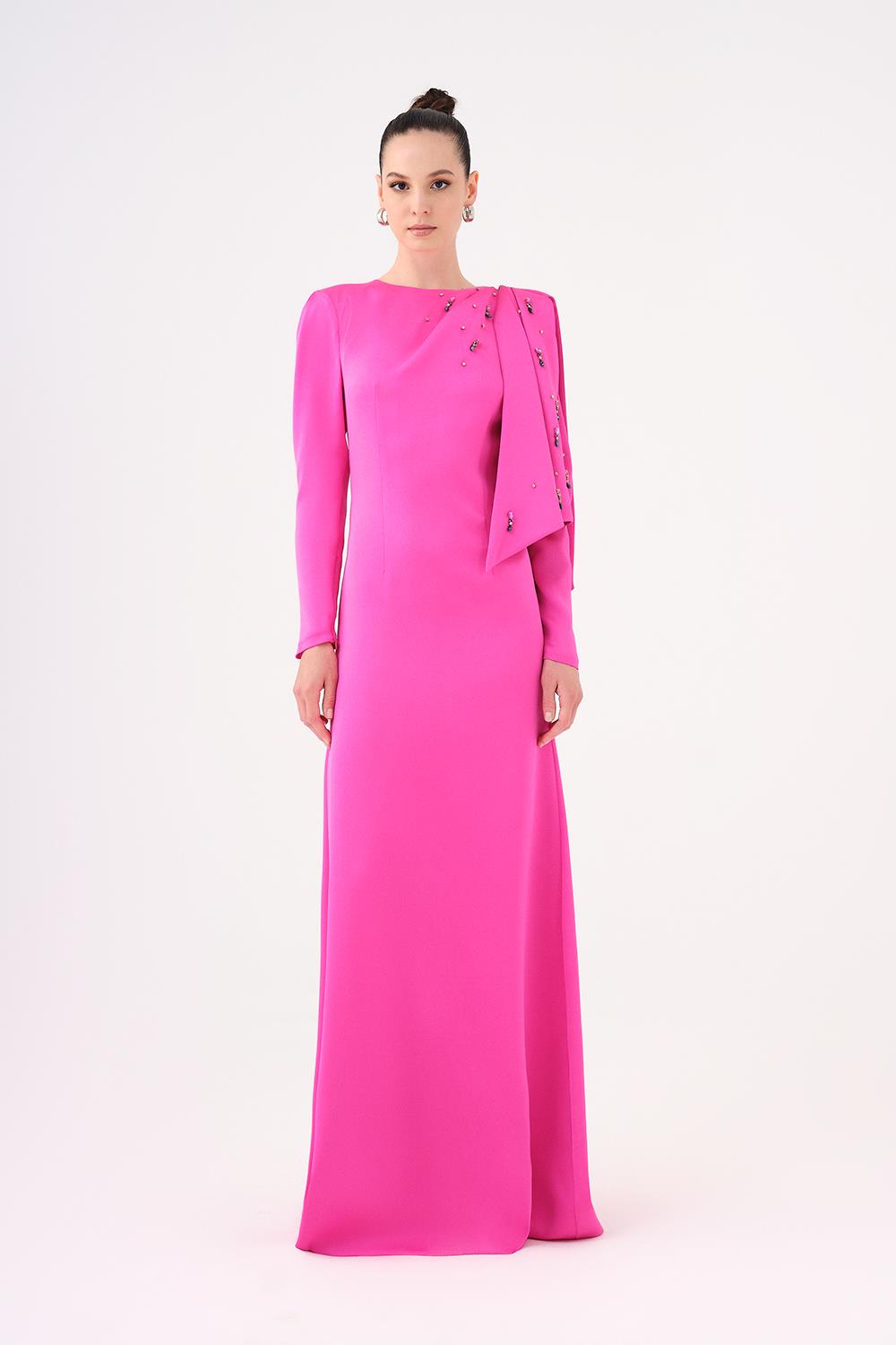 Dar Kesim Taş İşlemeli Krep Uzun Abiye Elbise - 9087C