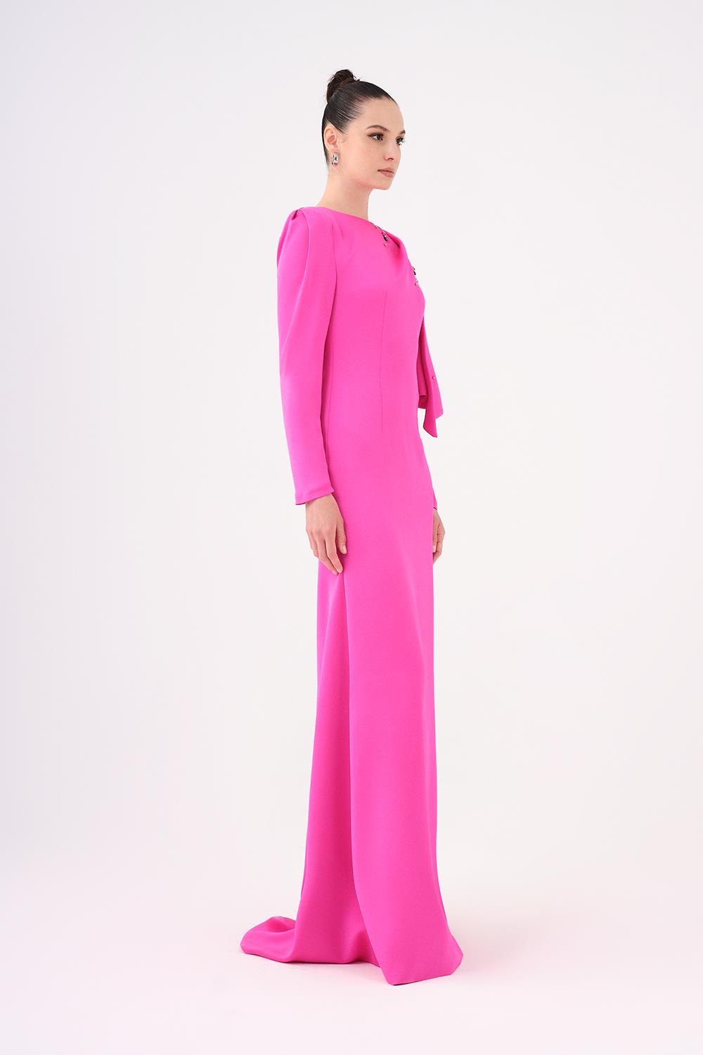 Dar Kesim Taş İşlemeli Krep Uzun Abiye Elbise - 9087C