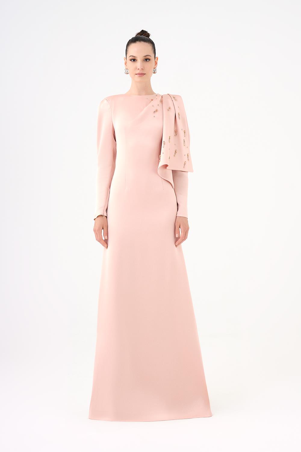 Dar Kesim Taş İşlemeli Krep Uzun Abiye Elbise - 9087C