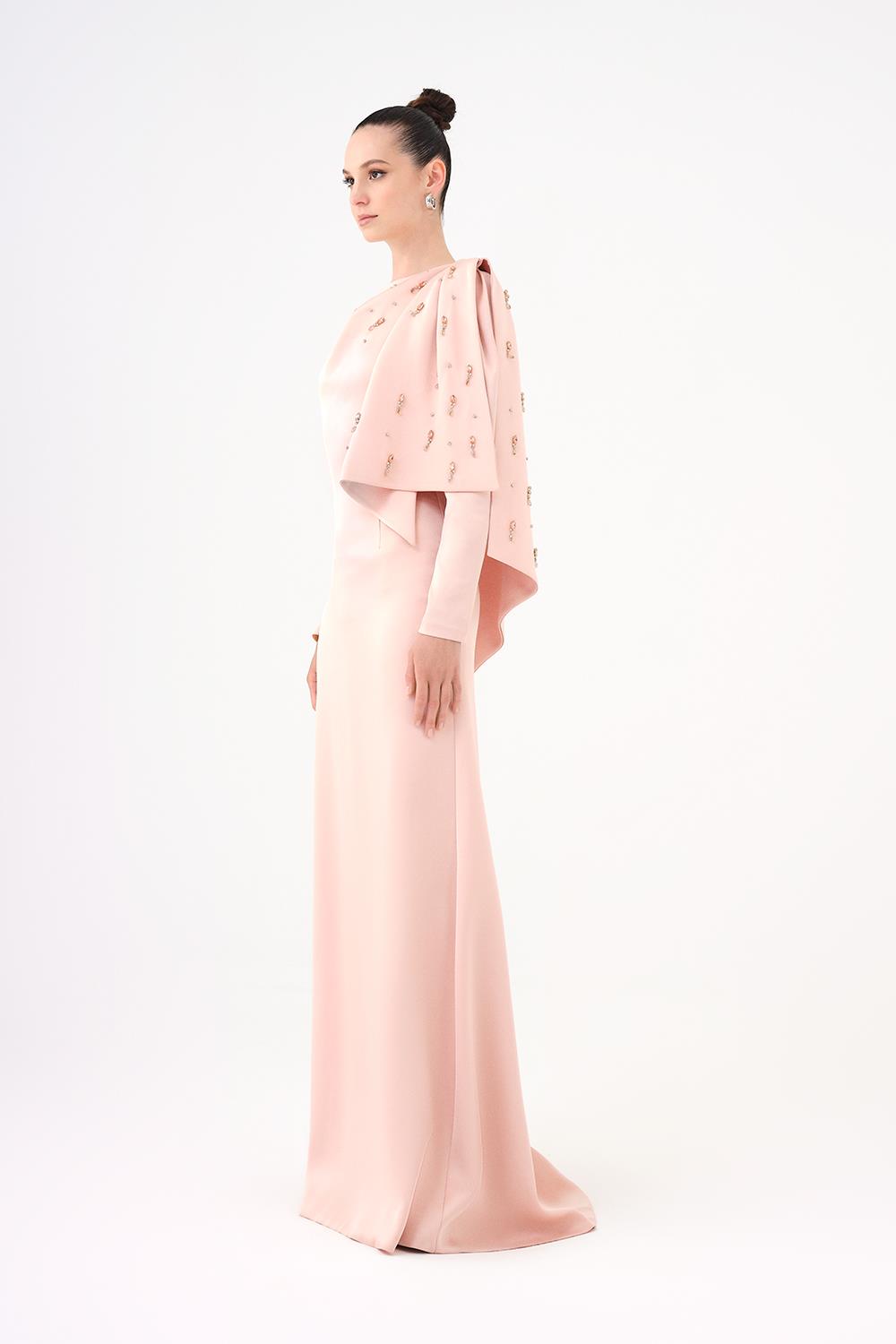 Dar Kesim Taş İşlemeli Krep Uzun Abiye Elbise - 9087C