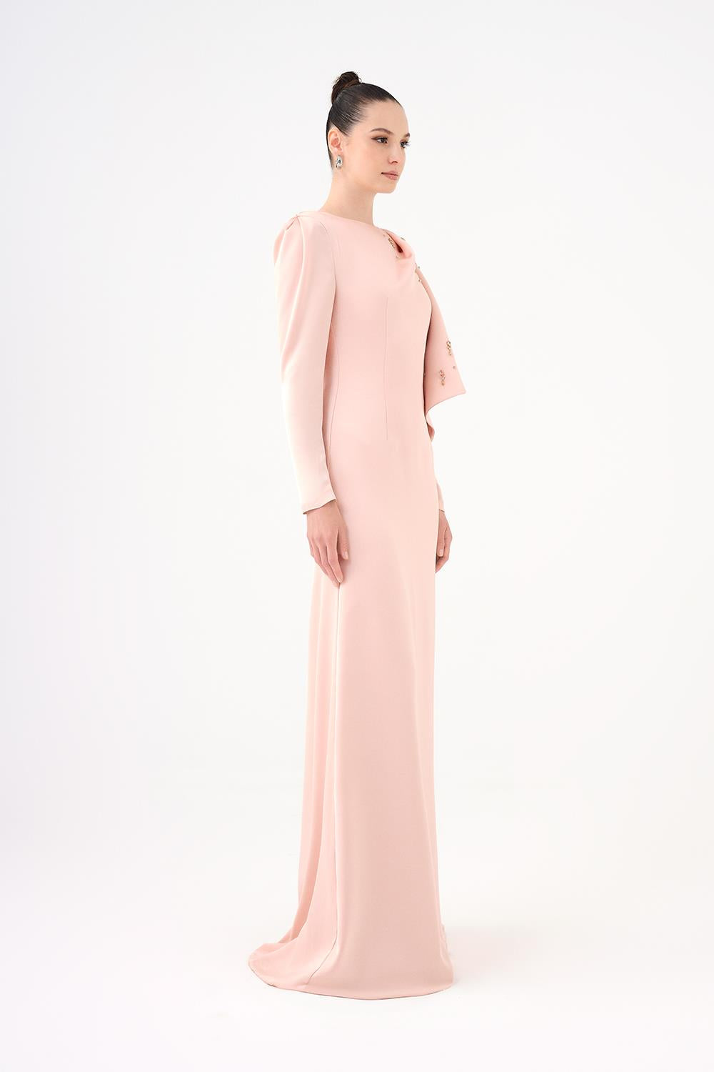 Dar Kesim Taş İşlemeli Krep Uzun Abiye Elbise - 9087C