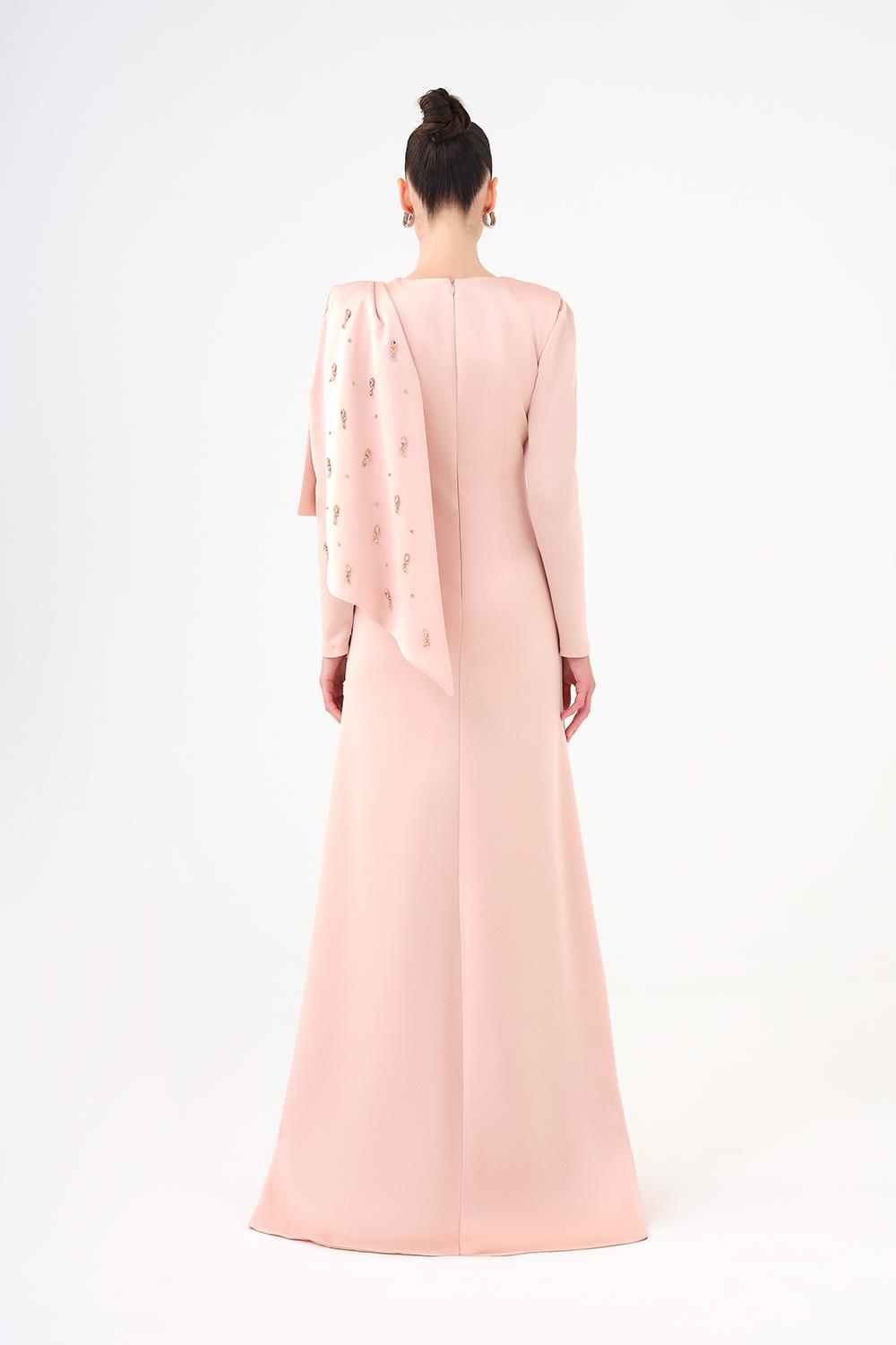 Dar Kesim Taş İşlemeli Krep Uzun Abiye Elbise - 9087C