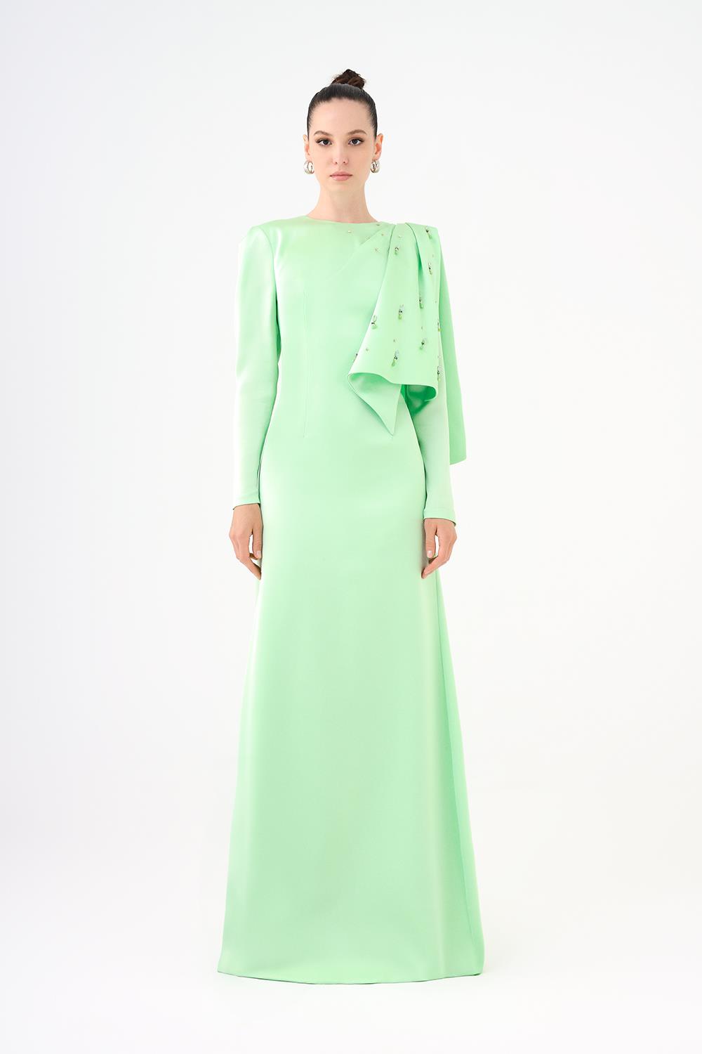 Dar Kesim Taş İşlemeli Krep Uzun Abiye Elbise - 9087C