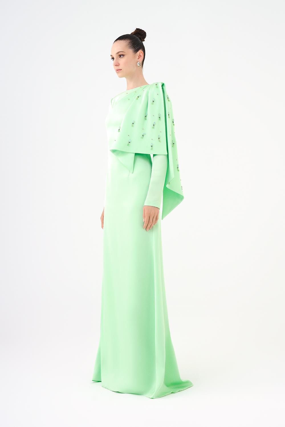 Dar Kesim Taş İşlemeli Krep Uzun Abiye Elbise - 9087C