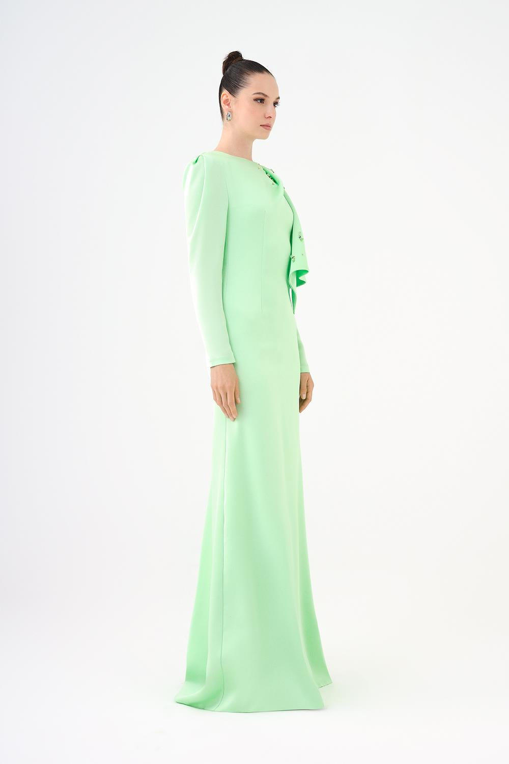 Dar Kesim Taş İşlemeli Krep Uzun Abiye Elbise - 9087C