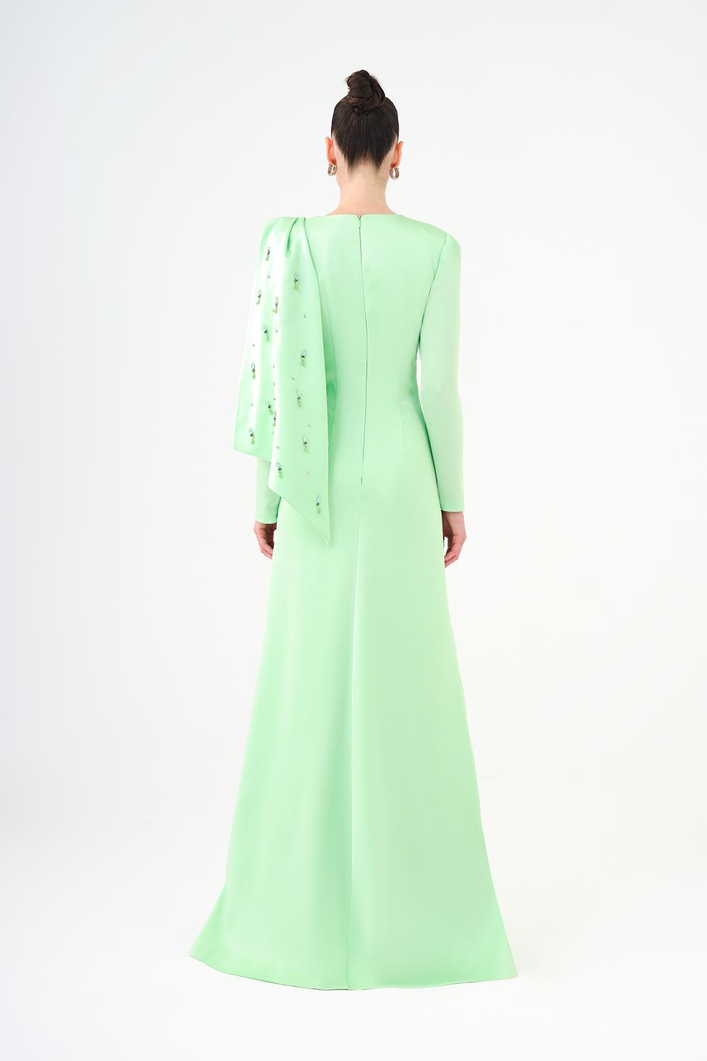 Dar Kesim Taş İşlemeli Krep Uzun Abiye Elbise - 9087C