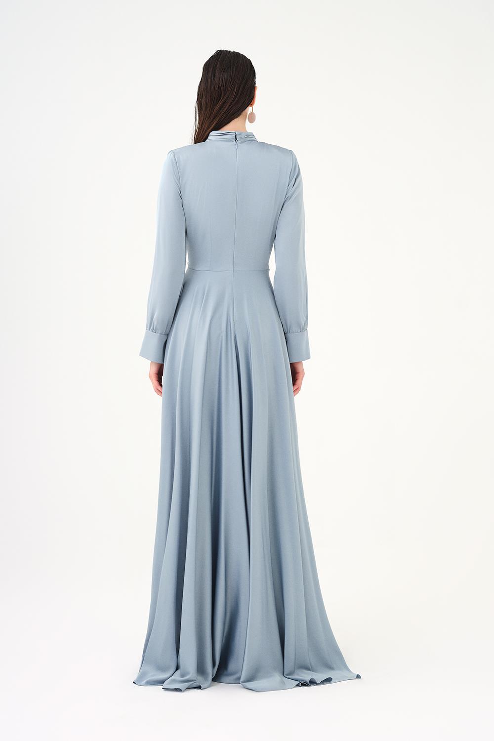 Drape Detaylı Dik Yaka Saten Uzun Abiye Elbise - 9072C