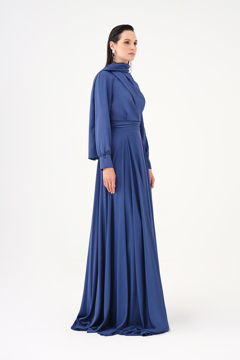 Şallı Dik Yaka Tesettür Uzun Abiye Elbise - 9088C