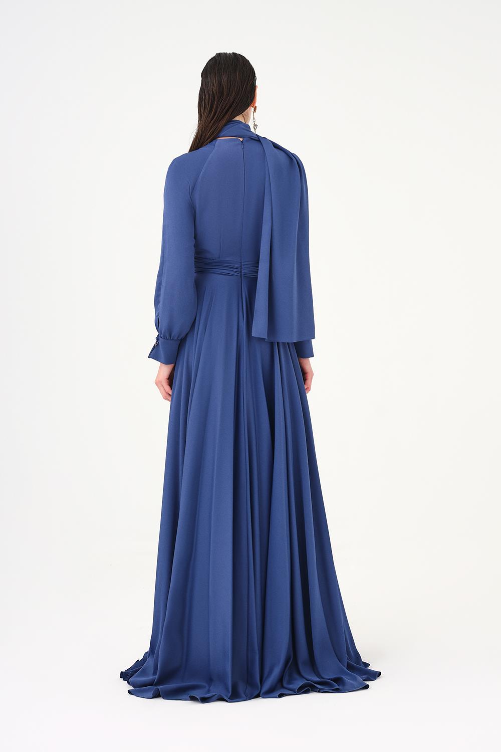 Şallı Dik Yaka Tesettür Uzun Abiye Elbise - 9088C