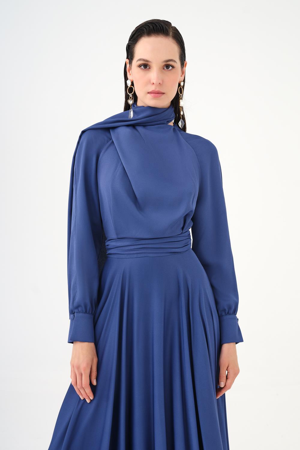 Şallı Dik Yaka Tesettür Uzun Abiye Elbise - 9088C