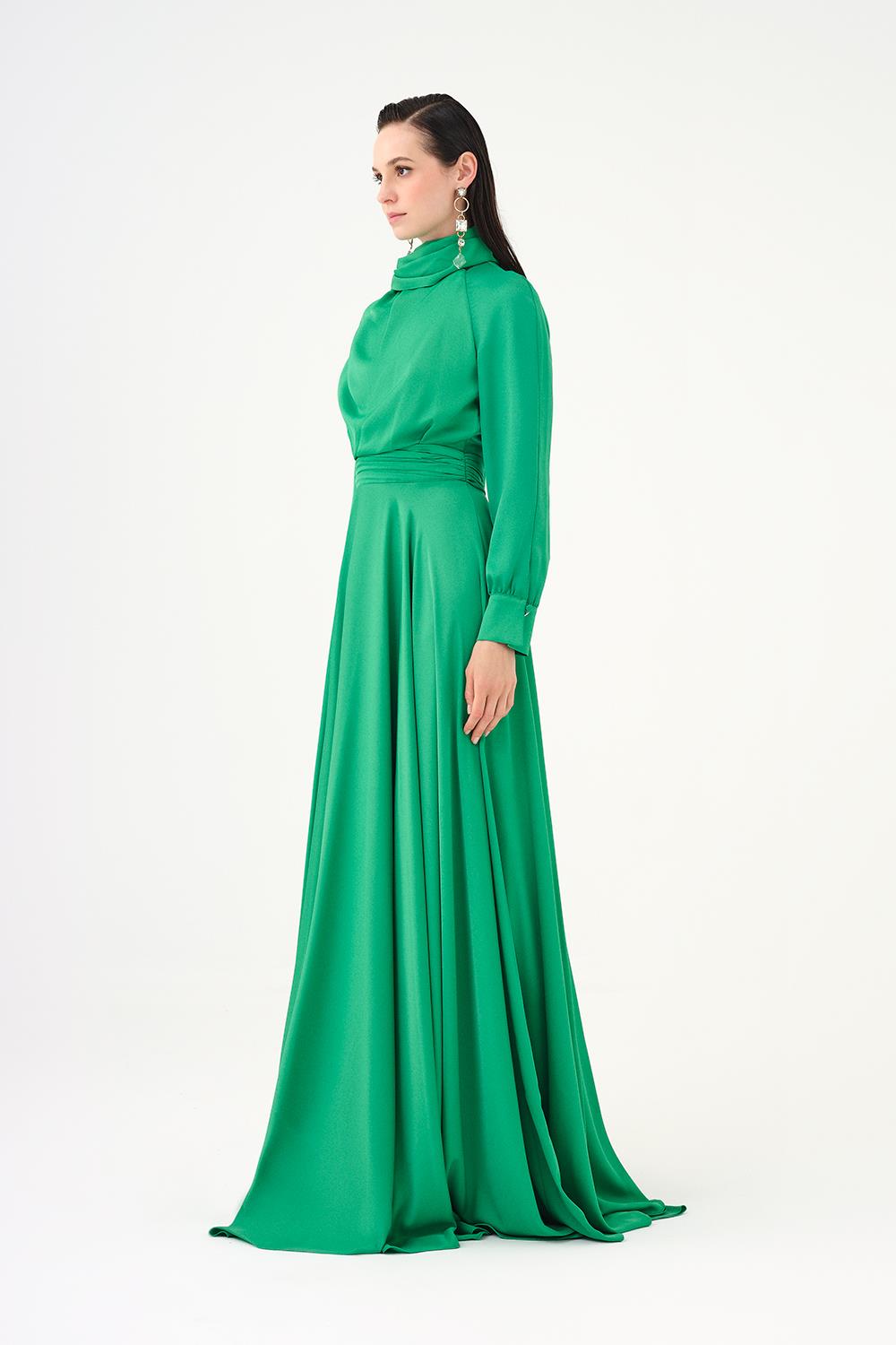 Şallı Dik Yaka Tesettür Uzun Abiye Elbise - 9088C