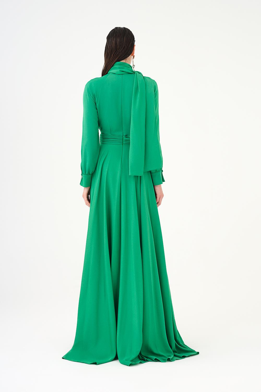 Şallı Dik Yaka Tesettür Uzun Abiye Elbise - 9088C