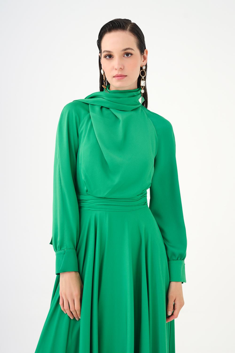 Şallı Dik Yaka Tesettür Uzun Abiye Elbise - 9088C