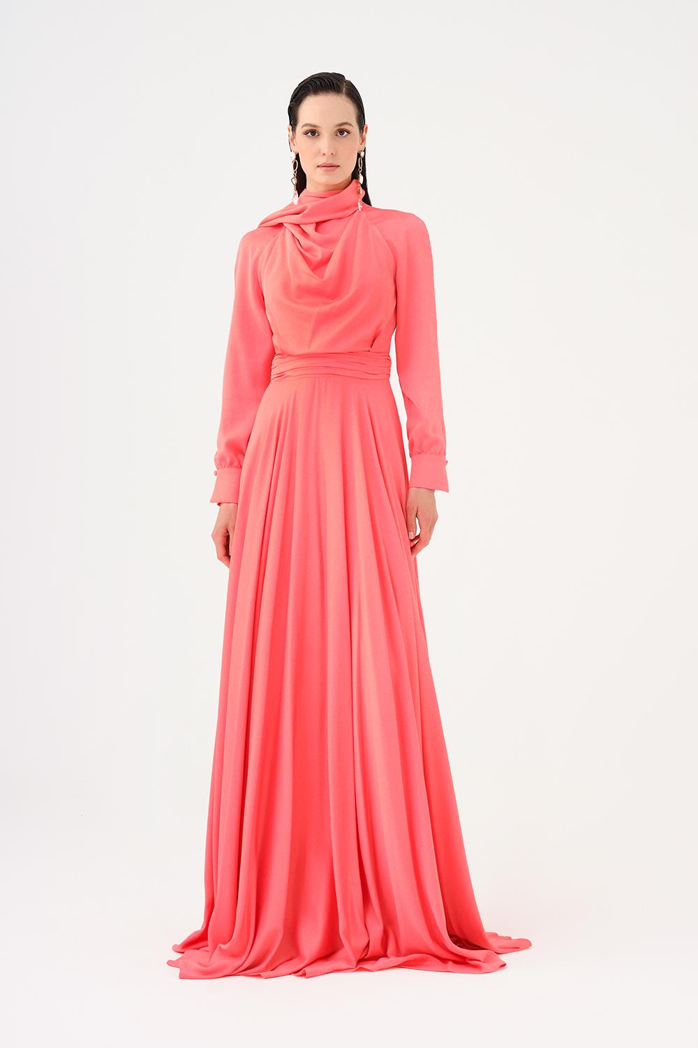 Şallı Dik Yaka Tesettür Uzun Abiye Elbise - 9088C