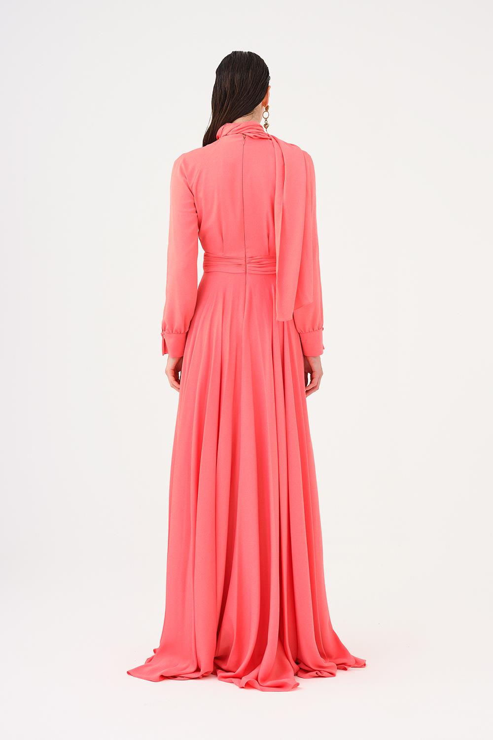 Şallı Dik Yaka Tesettür Uzun Abiye Elbise - 9088C