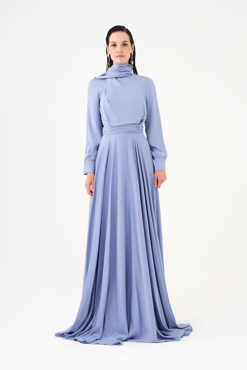 Şallı Dik Yaka Tesettür Uzun Abiye Elbise - 9088C