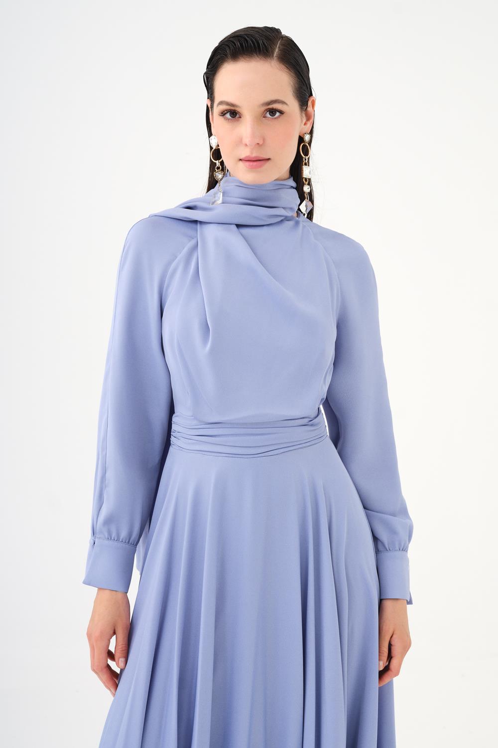 Şallı Dik Yaka Tesettür Uzun Abiye Elbise - 9088C