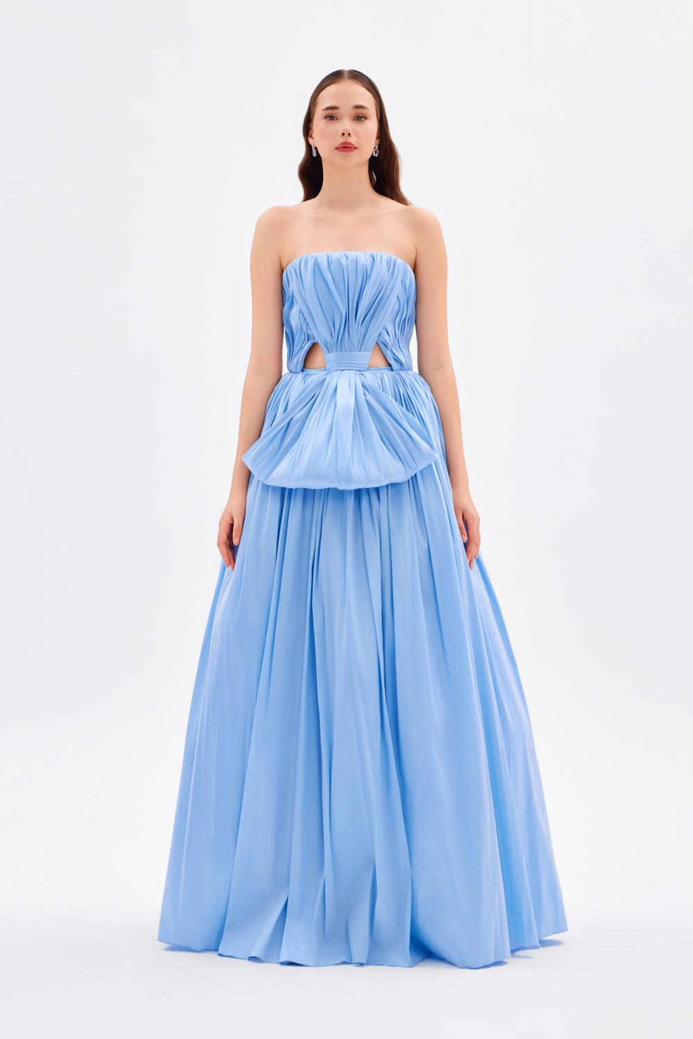 Drapeli Fiyonk Detaylı Uzun Abiye Elbise - 9197C