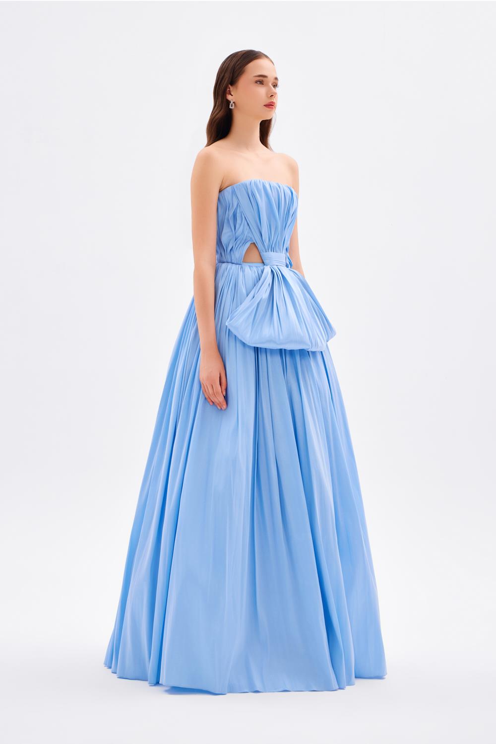 Drapeli Fiyonk Detaylı Uzun Abiye Elbise - 9197C